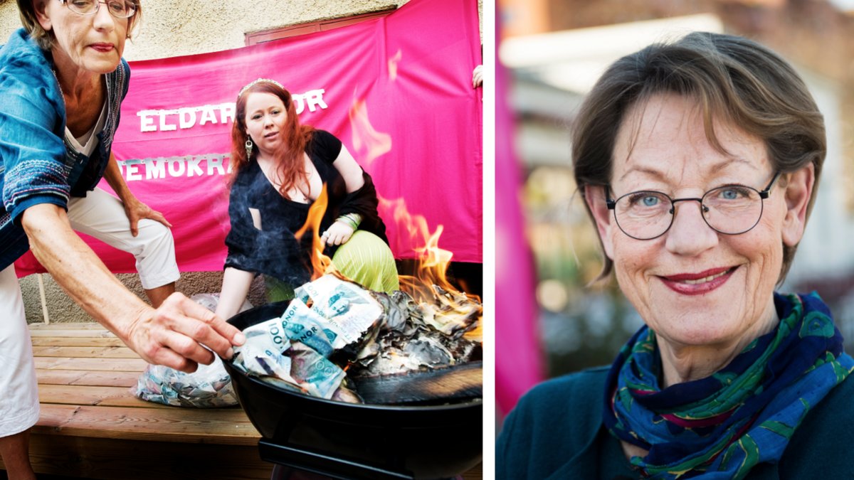 I Almedalen 2010 eldade Gudrun Schyman upp 100 000 i protest mot de orättvisa löner.